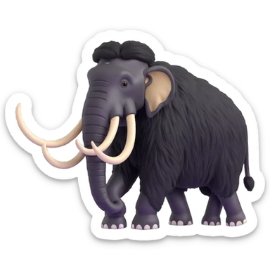 profile side view of a wooly mammoth with black fur and white tusks, walking, 3D style, no background sticker
