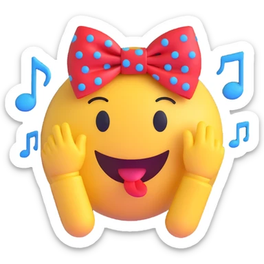 3D smiley emoji, large eyelashes, red polka dot bow, relieved, closed eyes, blue eyes, musical notes sticker