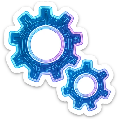 Transform the Windows Services icon of two interlocking gears into a cyberpunk, holographic style with glowing neon blue and pink edges. Add intricate circuit patterns throughout both gears, maintaining the exact shape, proportions, and interlocking position. The icon should have a consistent futuristic, clean cyberpunk glow with detailed neon and circuit effects on a transparent background, matching the style of previous cyberpunk icons. sticker