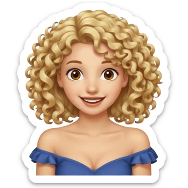 happy excited woman with curly long blond hair, brown eyes, wearing an off-shoulder top,  sticker