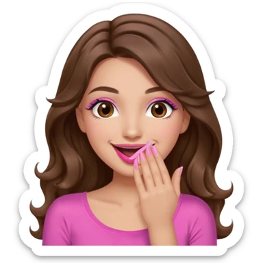 girl with long wavy brown hair, brown eyes, long lashes makeup, pink lips, light to medium complexion, pink sexy top, smiling, hand covering the mouth, giggling sticker