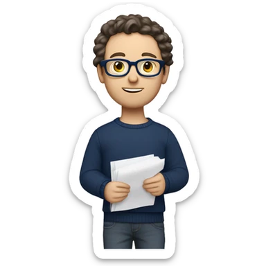 caucasian white boy with dark wavy  hair, blue glasses, and carrying design paper plan because he is an architect carrying a pencil and a set model maquette. wearing a navy blue long sleeve sweater shirt. smart.  sticker