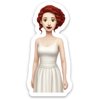 30-something pale-skinned woman with all her dark red hair coiled up on her head, wearing a white dress sticker