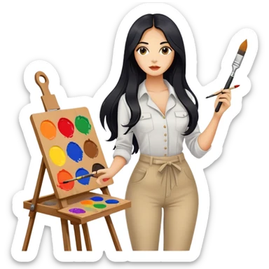 painting, easel, master piece, artist, long black hair tanned woman, paint pallet colors and paint brush, sexy sticker