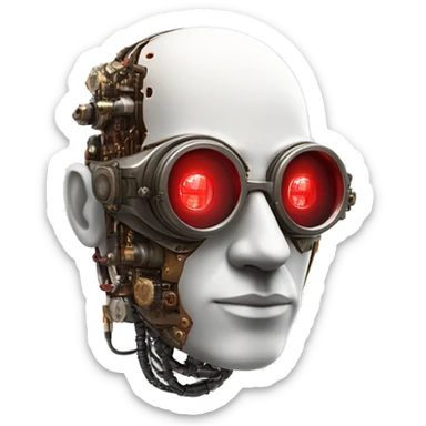 Bald cyborg head with red steampunk goggles, white five o’clock shadow, and circuits sticker