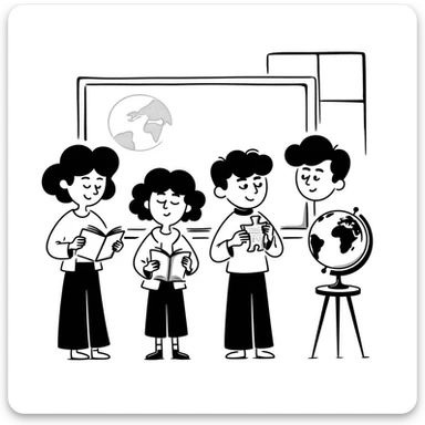 four students, two boys and two girls, sitting at desks following a class, hand-drawn style, friendly atmosphere, subtle classroom background sticker