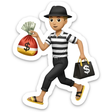 Make a man wear a black pant and he shirt is balck line and white line and wear a black hat and he holding a money bag and he running he wear a black eye thing no money in the Left hand and he yellow and the money bag in the right he wear a flip flop like this is Money bag 💰 NO MONEY sticker