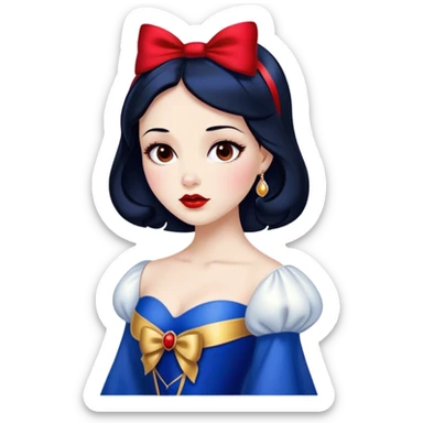 Cinematic Stunning Snow White Portrait Emoji, Fair skin glowing like porcelain, ruby-red lips, deep brown eyes full of kindness, raven hair framed by her iconic red bow, wearing her royal blue and gold gown, exuding timeless beauty and grace! sticker