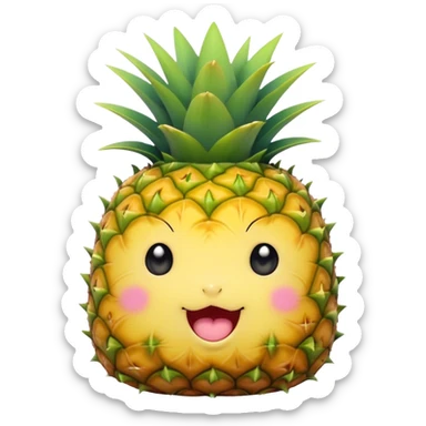 Cute Kawaii Pineapple, tiny and round, bright golden yellow with a spiky green top, chubby cheeks, playful winking expression, soft pastel textures, sweet and tropical vibes! sticker
