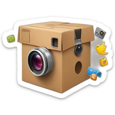 Video Camera, Instagram YouTube icons fly out from the Cardboard box sticker