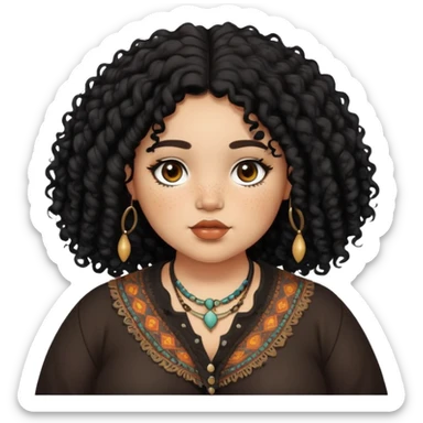 Chubby lightskin girl, dark brown eyes, black curly hair, freckles, boho style clothes sticker