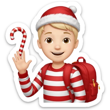 A boy waving a candy cane happily, backpack bouncing as he moves. sticker