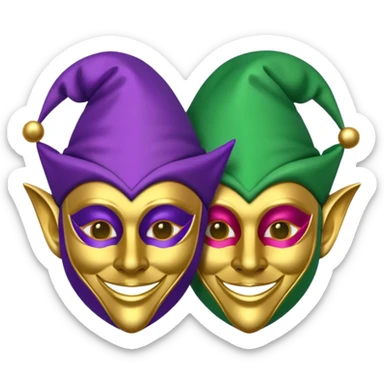 2 jesters masks for mardi gras in purple gold and green like the apple emoji sticker