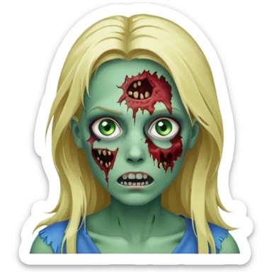Faça um zumbi feminino, com cabelo loiro e olho azul, com algumas feridas abertas no rosto, cabelo longo, e pele verde, um rosto sem expressão sticker