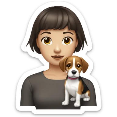 girl brunette with short hair with bangs and blue eyes holding a beagle with dark eyes  sticker