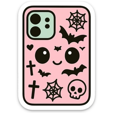 Add more gothic symbols such as crosses, spiderwebs, bats, and skulls to the pink and black kawaii phone case. Keep big eyes, heart accents, smiling, playful, with no background. sticker