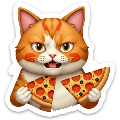 angry cat, bust up, eating a slice of pizza sticker