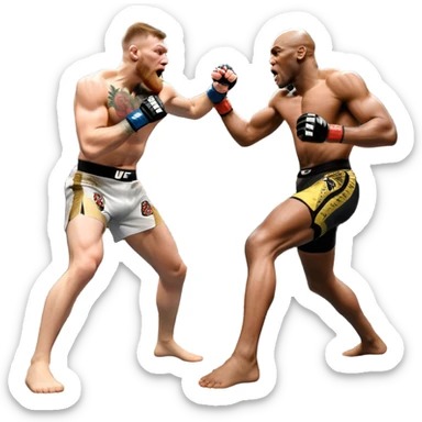 An MMA showdown between Conor McGregor and Anderson Silva in the octagon. McGregor is executing a jumping strike, while Silva skillfully deflects the attack. The background shows the UFC octagon with roaring fans and vibrant energy. Transparent background. sticker