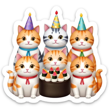 exactly six individual cats in a row celebrating one cat's birthday, each cat clearly visible and holding a piece of sushi, birthday cake in center, all six cats with party hats sticker