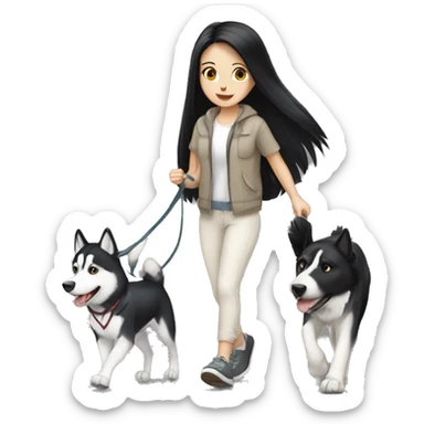 Long black hair pale girl walking husky dog sticker