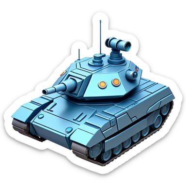 Clash of Clans aesthetic: Cinematic Playful Space Tank Emoji, rendered in a 3D vector-style similar to standard emojis with minimal shading and bold, simplified shapes. A robust, isometric armored vehicle with sleek futuristic plating and energy cannons, softly glowing with a high-tech cosmic combat charm. Simplified yet unmistakably iconic, highly detailed and consistent, glowing with a soft radiant shine and high gloss. Stylized with a touch of intergalactic warfare and a soft glowing outline, capturing the essence of a futuristic battle machine with a friendly, playful spirit! sticker