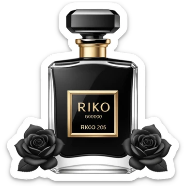 Realistic detailed black luxury perfume bottle with the name Riko on the front decorated with black and white roses sticker