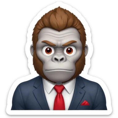 Brown haired cartoon gorilla with tufted tip of hair on the top of his head, light skin tone, heavy brows and cartoony eyes, he is a strong ape with and a red tie x💪🦍 sticker
