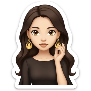 Beautiful woman,cute, long dark brown hair in dark dress with gold earrings sticker