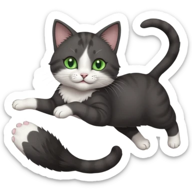beautiful female solid dark grey cat with green eyes, white toes/paws and white patch on her chest playfully rolling upside down sticker