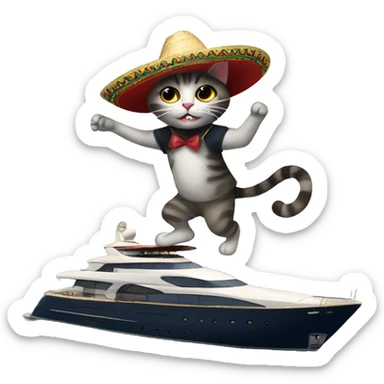 A cat on top of the yacht doing a dance with a sombrero sticker