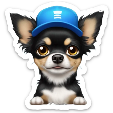 cute all black long haired Chihuahua being held by old man with blue eyes goatee in ball cap sticker