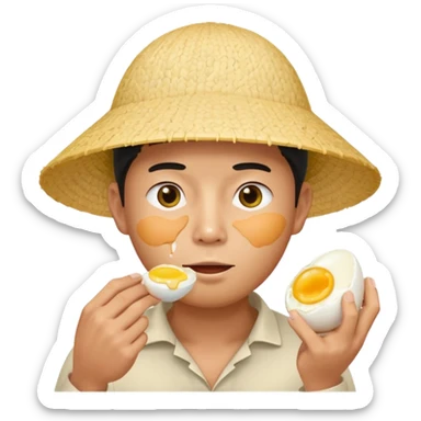 Asian guy with a rice hat eating an egg sticker