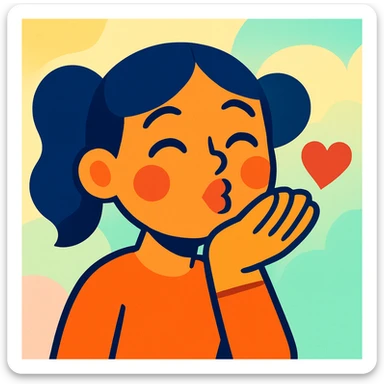 expressive illustration of a smiling girl sending a kiss, hand in front of mouth, soft and bright background sticker