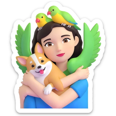 Dark short hair, dark brown eyes with pale skin and thin eyebrows girl hugging a welsh corgi. And a green-reddish lovebird on her head with yellow, blue love birds around her. sticker