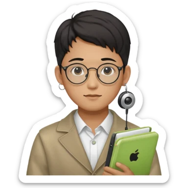 korean male guy 20s wearing an apple notebook, wearing radio earrings, round glasses, achromatic clothes, and achromatic clothes. sticker