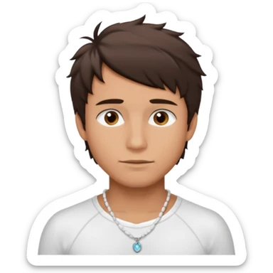 create an emoji of a young man. he has a surfer look, with short messy dark brown hair, brown eyes, tanned skin, natural lips. he wears a white tight shell necklace with a white shirt sticker