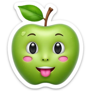 3D iOS-style emoji of a green apple with a cute human face: glossy, soft shading, big black eyes, tiny nose, open mouth with tongue, stem and leaf on top, white background sticker