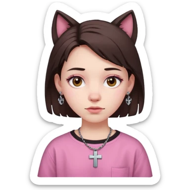 A girl with pale skin, a dark brown wolfcut,baggy pink shirt and cross earrings  sticker
