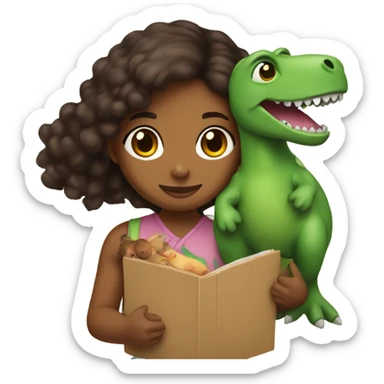 Brown girl holding green plush dino sticker