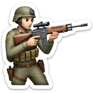 An icon representing a first-person shooter, inspired by Call of Duty. The design shows hands holding a rifle at the bottom of the screen, with enemies in the background and a detailed landscape. The action is intense, with gunfire and dynamic movement. Transparent background. sticker