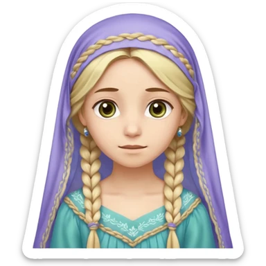
mujer, Joven, de aspecto dulce y elegante.
Piel clara, ojos grandes y expresivos (pueden ser azules o verdes), sonrisa triste.
Rubio o castaño claro, largo, con trenzas o velo.
Vestido largo de tonos suaves (blanco, azul o lavanda), con bordados dorados; un manto o toca fina cubriendo la cabeza.
 sticker