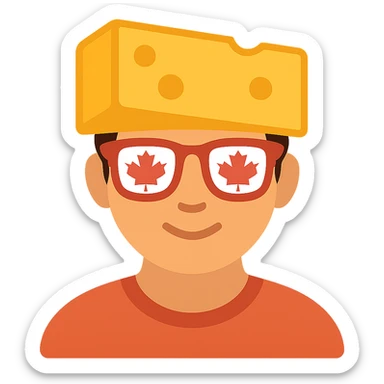 Add color to the icon: yellow cheese block, red and white Canada flag glasses, natural skin tone, simple colored shirt, keep background transparent. sticker