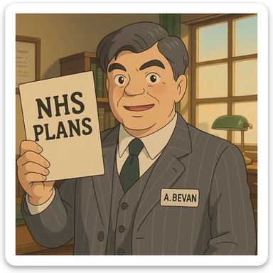 A 1930s middle aged man wearing a grey pinstripe suite holding up an official document with the words 'NHS Plans' with an office background. Give him a name badge with A. Bevan written on it sticker