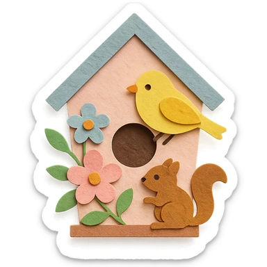 a cozy birdhouse with flowers and forest creatures, soft pastel colors, paper craft style sticker