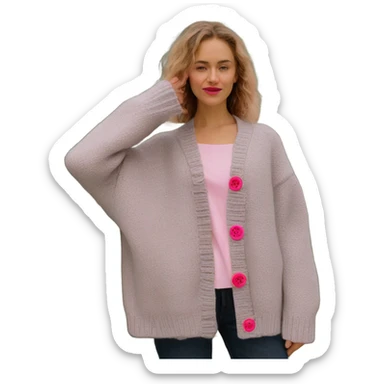 Sage oversize wool open short cardigan with pink buttons, isolated sticker