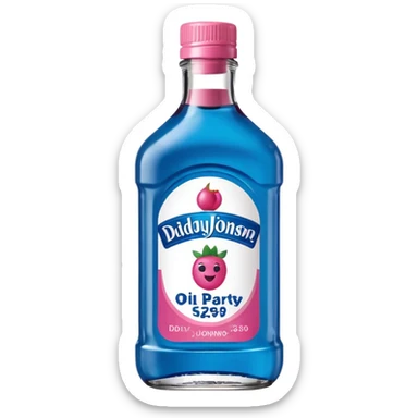 bottle of oil blue top pink outside with logo that says Diddy Party oil Johnson and Johnson  brand with a smiling berry on top sticker