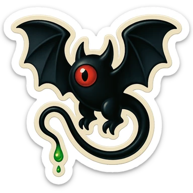 an all black reptilian bat-like creature. One cyclopian red eye in its face. no visible mouth or ears. has a long tale with a stinger that drips green poison sticker