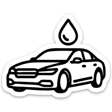 outlined icon of a full premium vehicle with glossy black paint, strong mirror-like shine and reflections, water droplet sliding on the hood or roof, clean lines, subtle repellent effect, modern and simple sticker