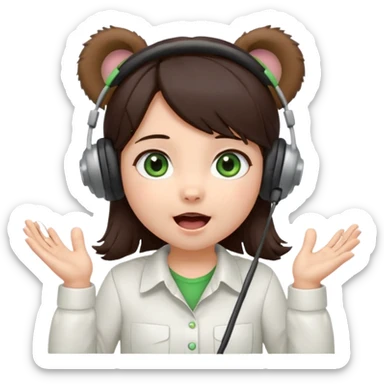 Chibi girl, dark brown hair, green eyes, wearing a white shirt and small brown bear ears on a headset, with wide happy surprised eyes and mouth and clapping excitedly sticker