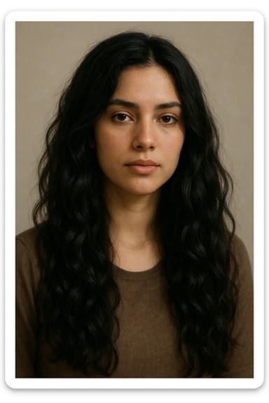 chica de cabello largo ondulado negro, estilo realista, fondo suave sticker